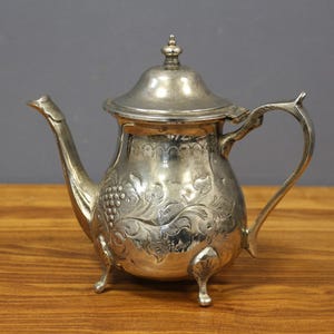 Moroccan Silver-Plated Teapot, Brass Silver-plated Handmade Teapot, Stamped Silver-plated Medium size Teapot.