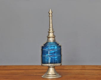 Antique Moroccan Glass Perfume Bottle, Handcrafted Blue glass Perfume Sprinkler, Glass Bottle wrapped with Decorative Embossed metal.