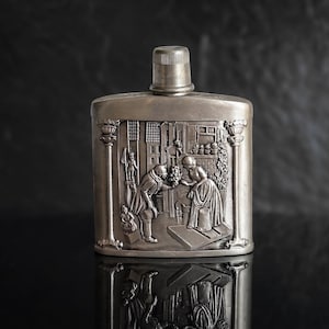 Vintage Pocket Flask with Art Ornaments, Embossed Flask from Germany, Pewter Mini Bottle, 95% Zinn Ornate Flask, Unusual Gift For Him.