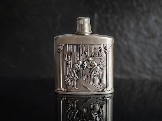 Vintage Pocket Flask with Art Ornaments, Embossed Flask from Germany, Pewter Mini Bottle, 95% Zinn Ornate Flask, Unusual Gift For Him.