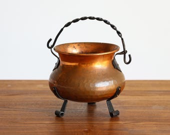 Small Halloween decor, Copper Hammered Vessel with handle, Copper Cauldron with Iron feet, Copper Flower Planter, Ritual Cauldron.