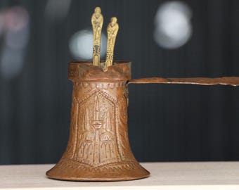 Dallah antiguo, cafetera turca vintage de cobre, cezve único grabado a mano y martillado.