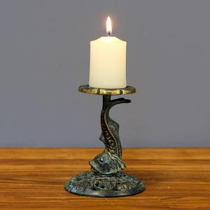 Verdigris Bronze Fish Candlestick, Vintage Marine Decor