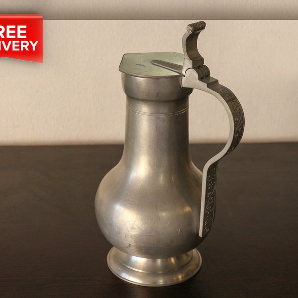 Vintage Pewter Pitcher. Tin Beer Tankard. Etain Zinn Pewter Pot. Old Pewter Jug.