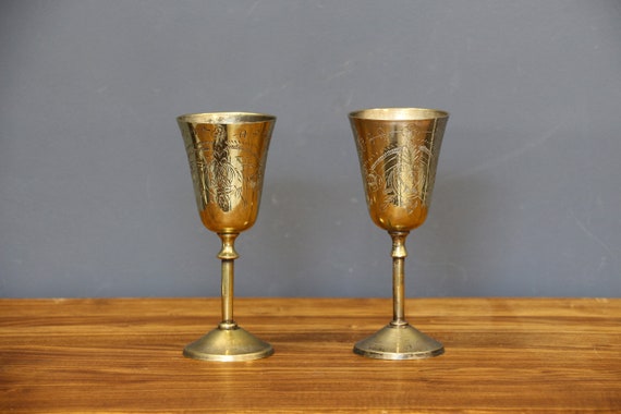 Vintage Brass Engraved Goblets, Handmade Etched Brass Wine Glasses, Etched  Brass Аperitifs Pair Cups, Wedding Brass Goblets. 
