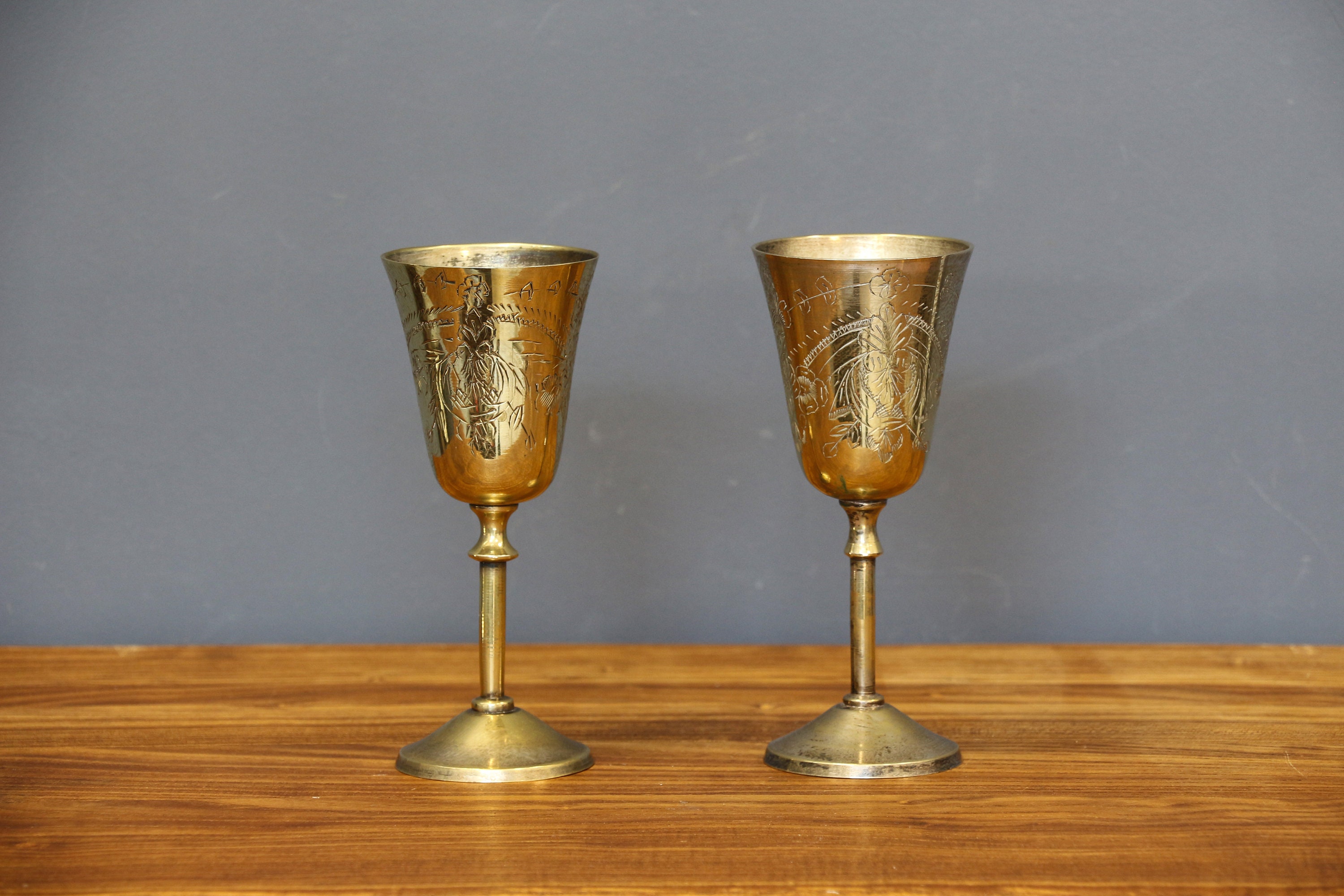 Vintage Brass Engraved Goblets, Handmade Etched Brass Wine Glasses