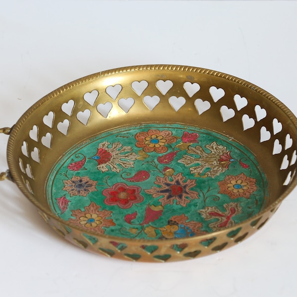 Vintage Brass Enameled Cloisonne Tray. Solid Brass Fruit Bowl with Floral and Hearts. Serving Plate Tray with Handles.