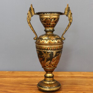 Vintage Copper Handmade Amphora, Enameled and Hand Painted Vase, Unique Vase with Etched Camel, Copper Amphora with Two handles..