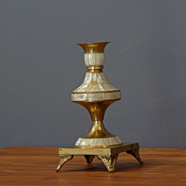 Unique Brass Candlestick with Mother of Pearl, Elegant Brass CandleHolder, Wedding Brass Candlestick Mother of Pearl.