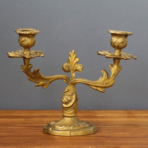Antique French Art Nouveau Brass Candle Holder.  Vintage, elegant Ormolu candle holder. Baroque two-armed bronze candlestick.