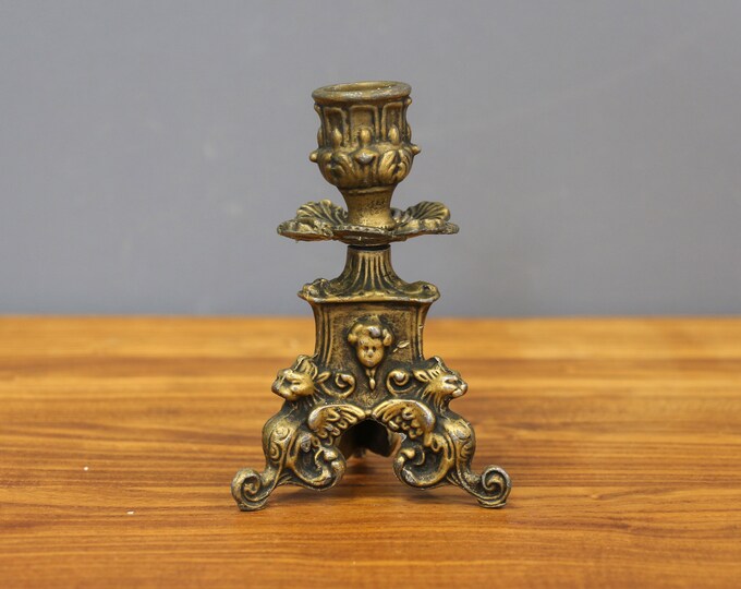 Antique Brass Cherubs Candlestick, Art Nouveau Small Brass Candlestick