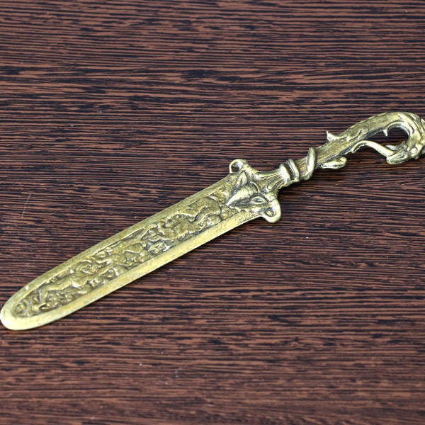 Antique Letter Opener Dragon, Ancient Brass Griffin Dagger, Brass Paper Knife Monster Handle. Old Serpent Decorative Art Brass Letter Opener