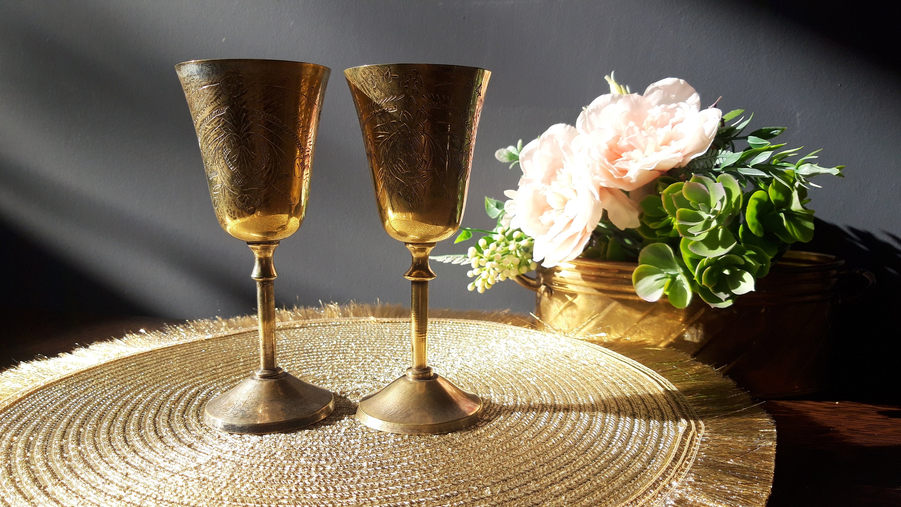 Vintage Brass Engraved Goblets, Handmade Etched Brass Wine Glasses, Etched  Brass Аperitifs Pair Cups, Wedding Brass Goblets. -  Canada