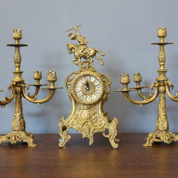 Brass Mantel Clock With Candle Holders Set, Fireplace Clock with two Candelabras, Brass Table Clock with Man on Horse, 5 arms Candlesticks.