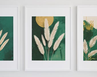 Boho Wall Art Set 3er Set smaragdgrün creme druckbar botanische Galeriewand 200x260