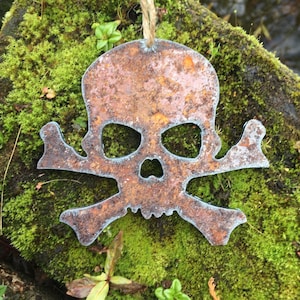 May include: A rusty metal skull and crossbones ornament with a twine hanger. The ornament is hanging on a mossy rock.