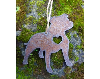 Rustic Staffy Heart Ornament: Metal Dog Christmas Tree Hanger