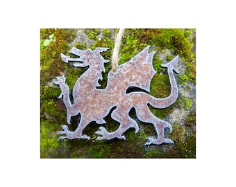 Rustic Welsh Dragon Christmas Ornament: Rusty Welsh Dragon Metal Wall Art Cymru Home Decor, Welsh Flag Plaque, y Ddraig Goch 10cm