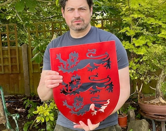 Inglaterra Tres Leones Insignia Roja Histórica Arte de Pared de Acero Placa de 3 Leones Escudo de Armas Inglés Bandera Patriótica Británica Regalo para Marido