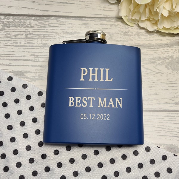 Personalised  Engraved NAVY or BLACK stainless steel hip flask 6oz  Wedding gift best man usher groomsmen Any name