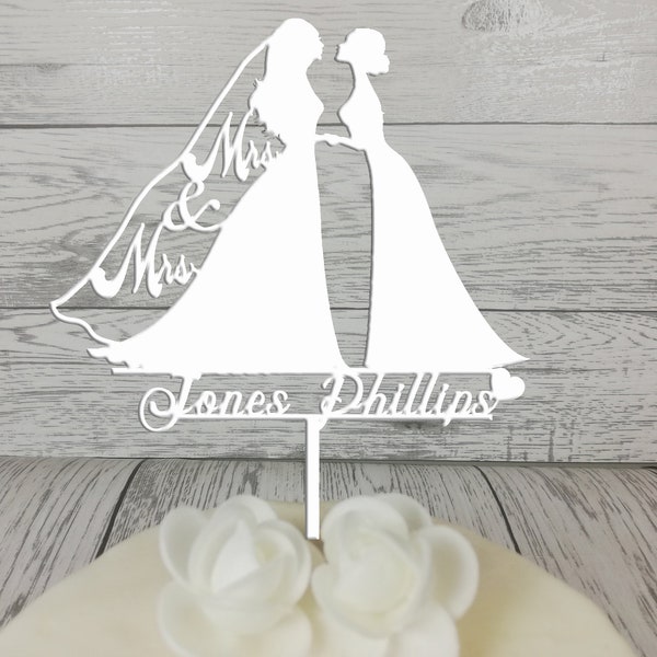 Personalised wooden wedding Mrs & Mrs Silhouette cake topper Any Surname