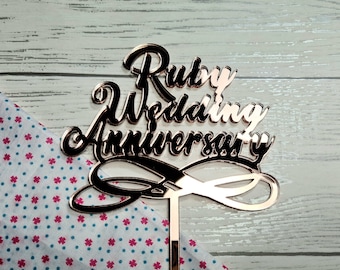 Personalised Mirrored acrylic anniversary cake topper Any word silver ruby diamond in rose gold gold or silver