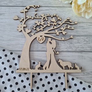 Personalised wooden Wedding tree cake topper with animals Any name date