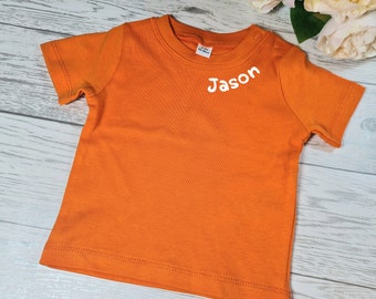Personalised ORANGE t-shirt collar NAME  Baby t-shirt