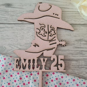 Personalised wooden birthday Cowboy boot and hat cake topper Any name and age Glitter