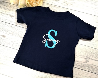 Personalised Navy Baby t-shirt with letter and name detail in a choice of colours