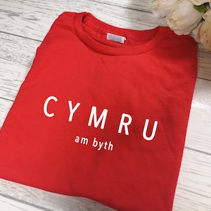 Custom Adult RED CYMRU am byth t-shirt detail in a choice of colours