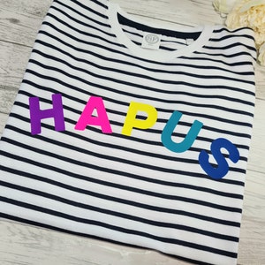 Personalised family welsh UNISEX adults kids and baby rainbow curved HAPUS or cwtsh Navy stripy T-shirt