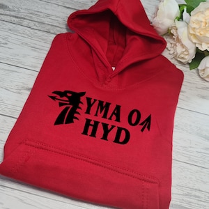 Custom Welsh dragon  RED hoodie with YMA O HYD  detail for Boys and girls