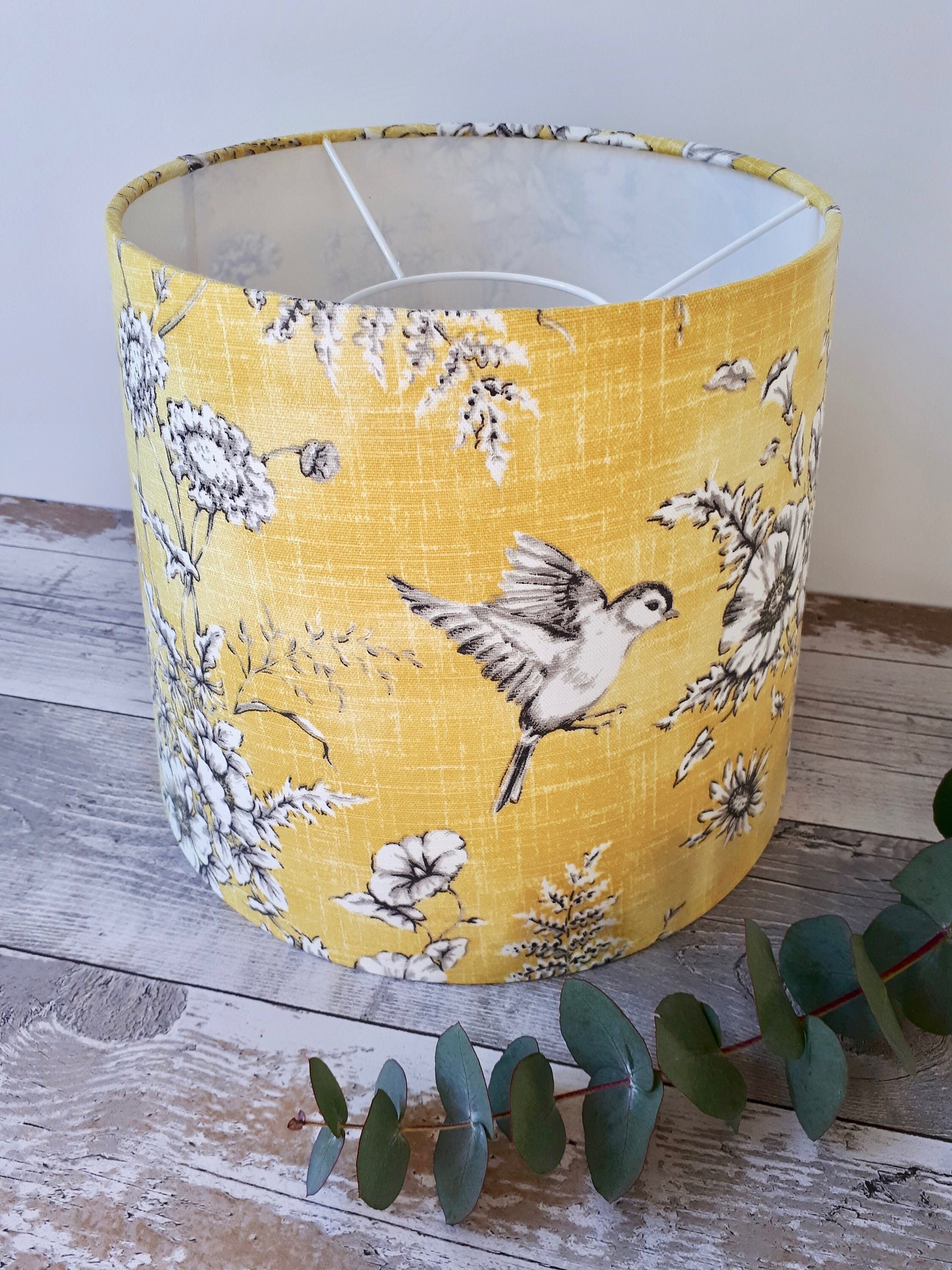 Yellow Lampshade Floral Birds Shade Bright Yellow Etsy UK