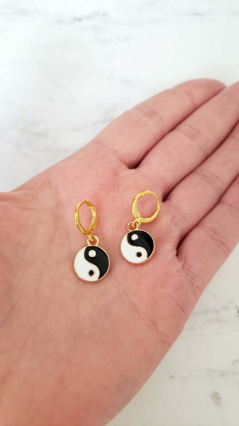 Gold huggies gold earrings yin yang earrings charm huggies image 3