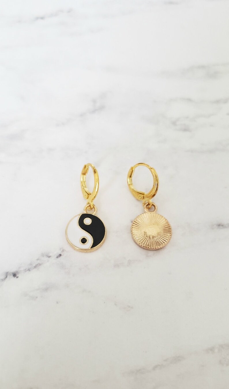 Gold huggies gold earrings yin yang earrings charm huggies image 2
