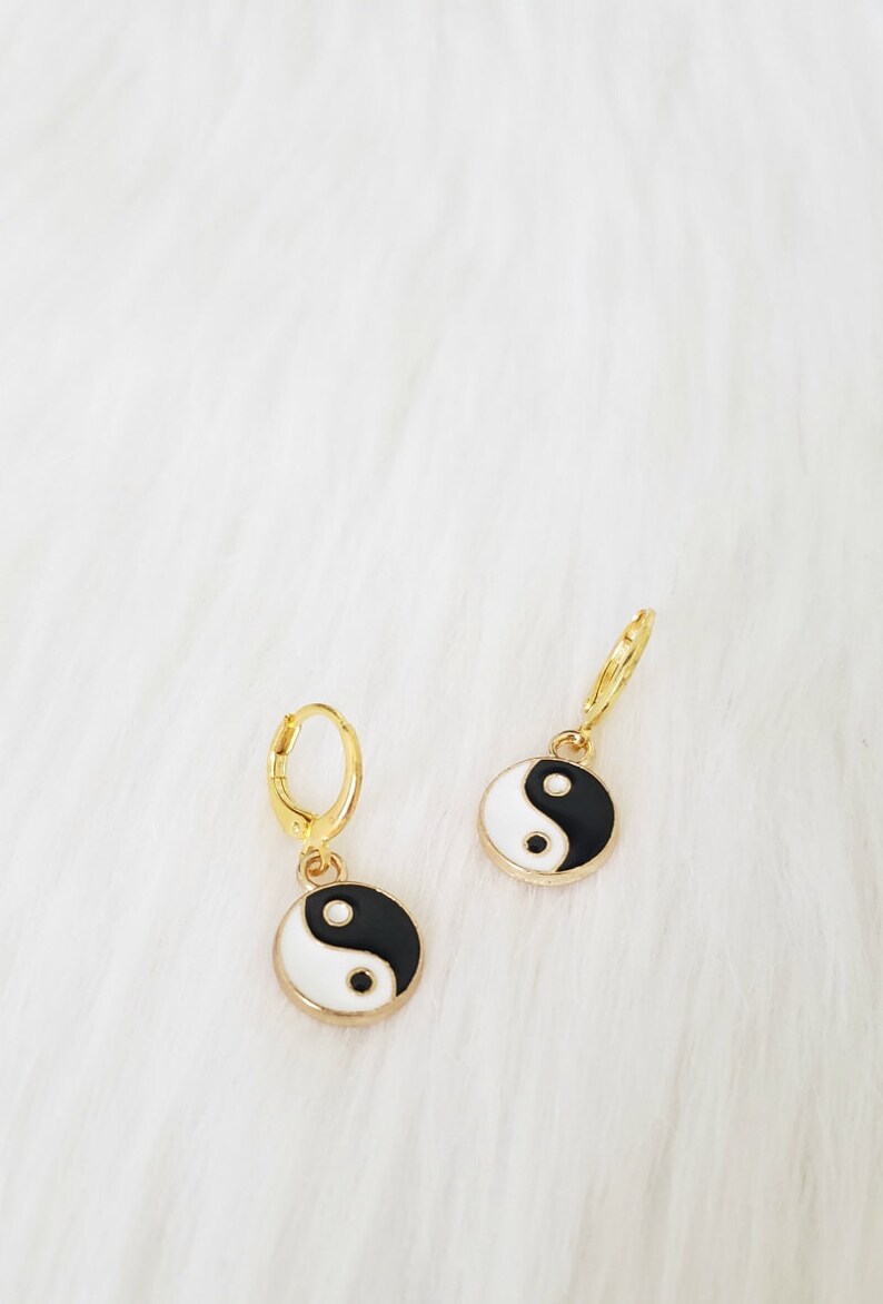 Gold huggies gold earrings yin yang earrings charm huggies image 5