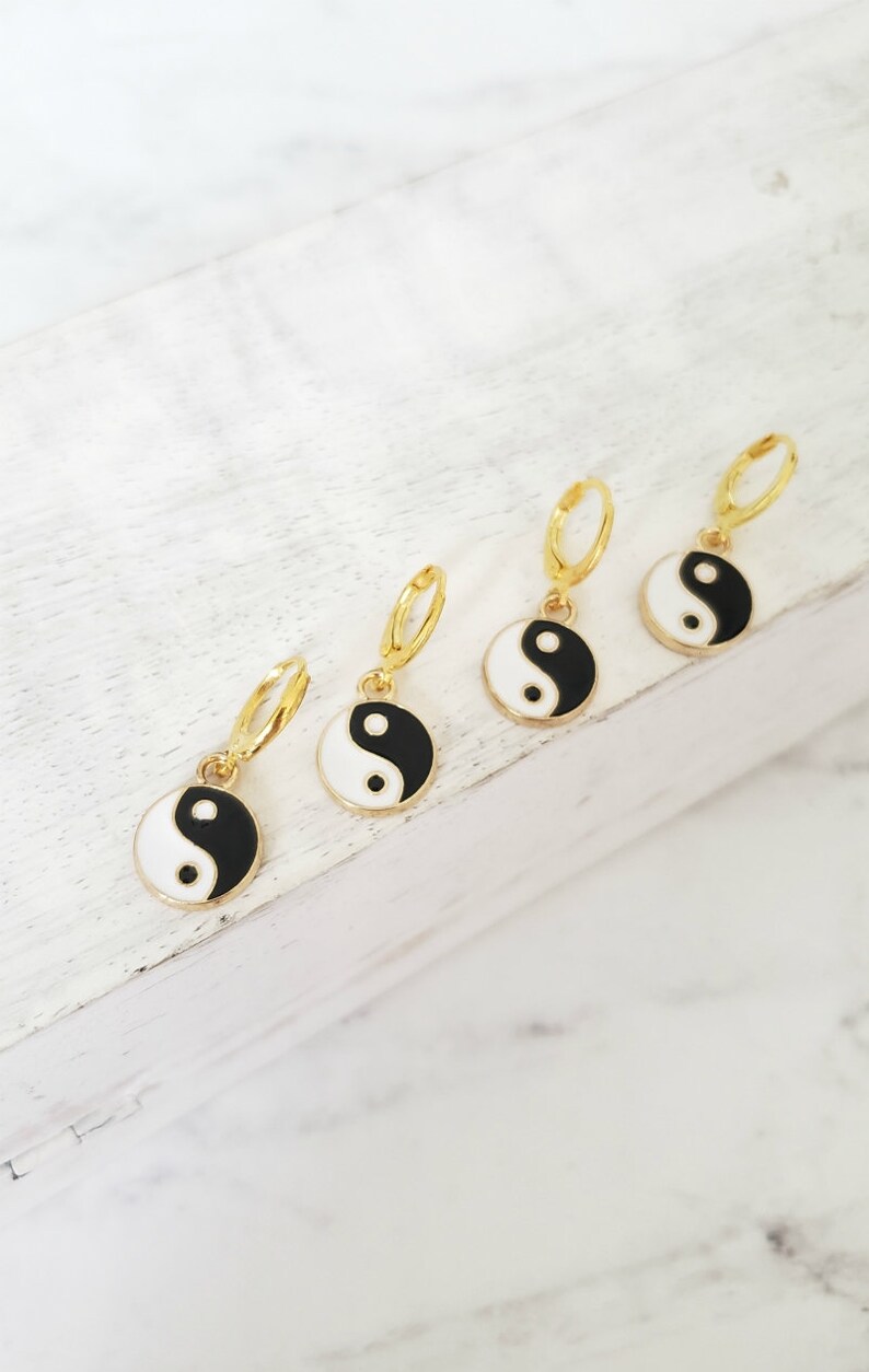 Gold huggies gold earrings yin yang earrings charm huggies image 4