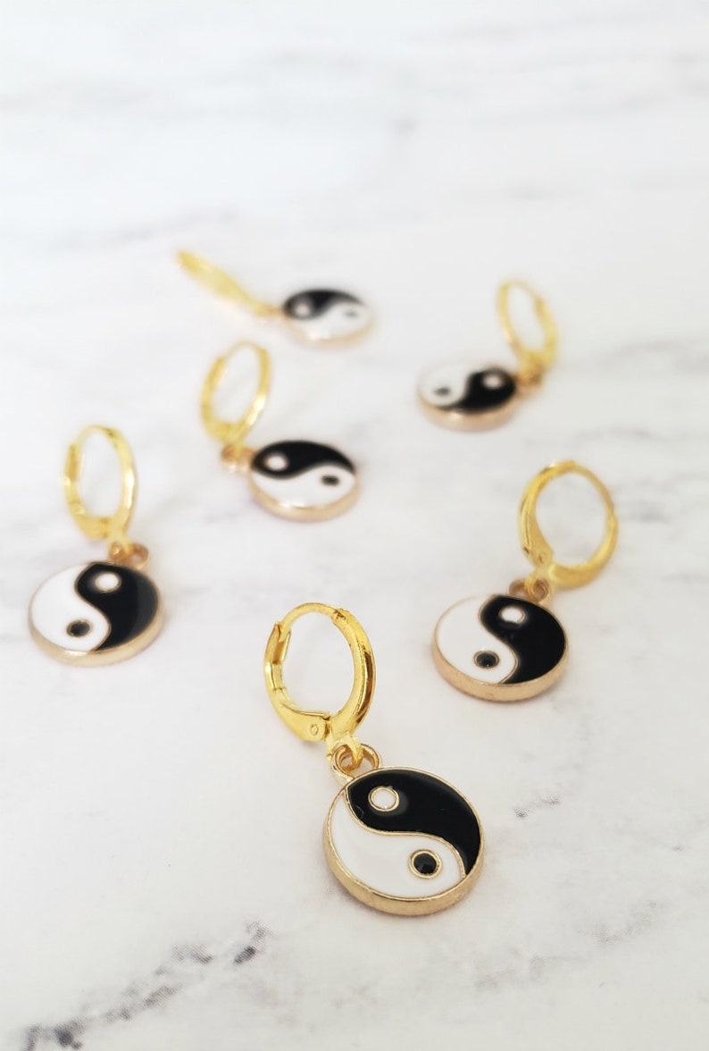 Gold huggies gold earrings yin yang earrings charm huggies image 1