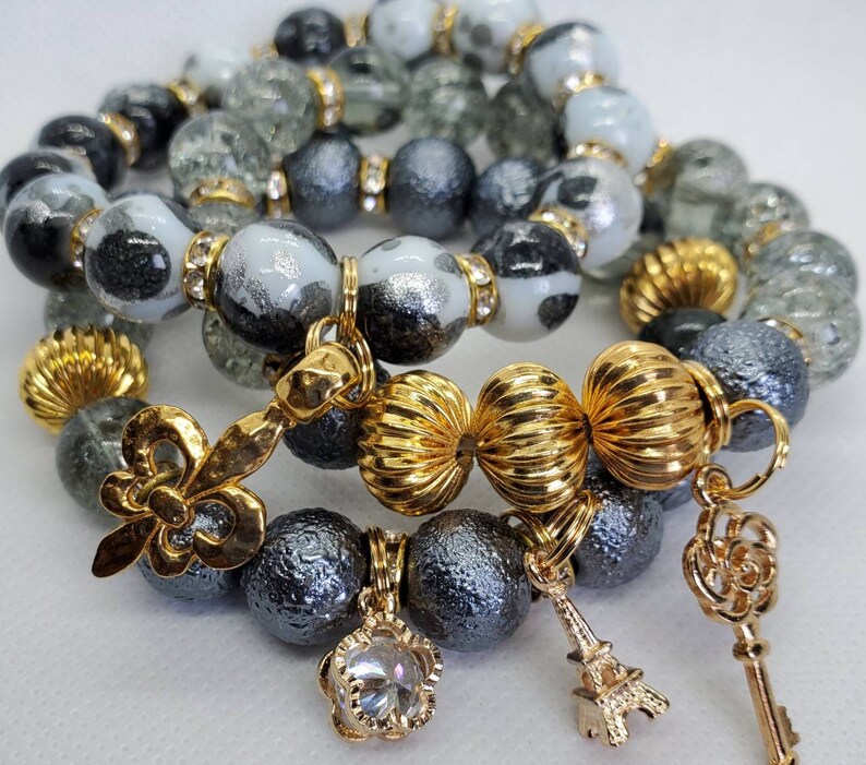 Handmade Jewelry Stretch Bracelets 7sixtyfivedesigns Gray /& Gold Bracelet Stack Beaded Bracelets Boho Jewelry Charm Bracelets