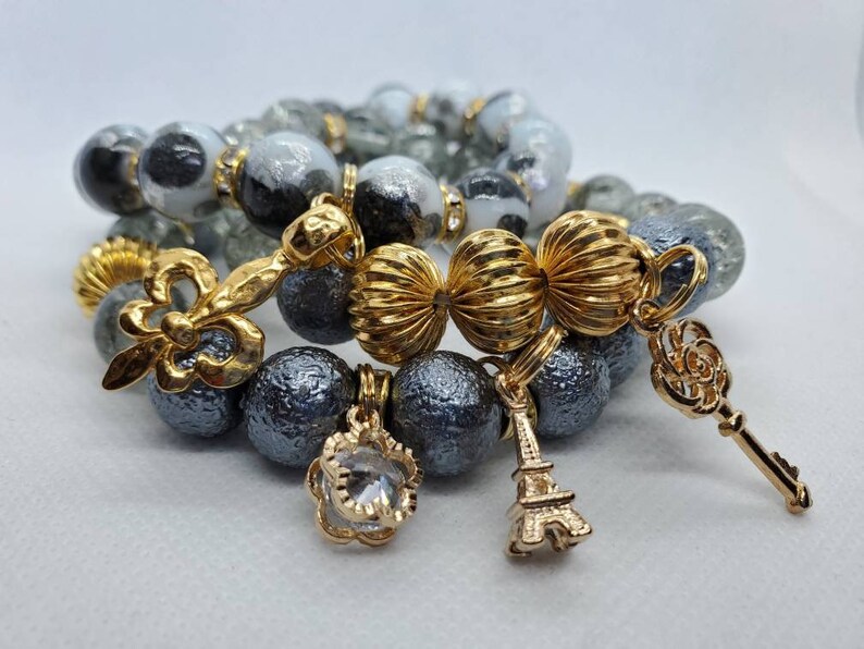 Handmade Jewelry Stretch Bracelets 7sixtyfivedesigns Gray /& Gold Bracelet Stack Beaded Bracelets Boho Jewelry Charm Bracelets