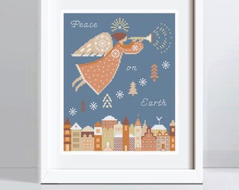 Angel Over Town/Patrón de punto de cruz/Navidad/PDF/Descarga instantánea