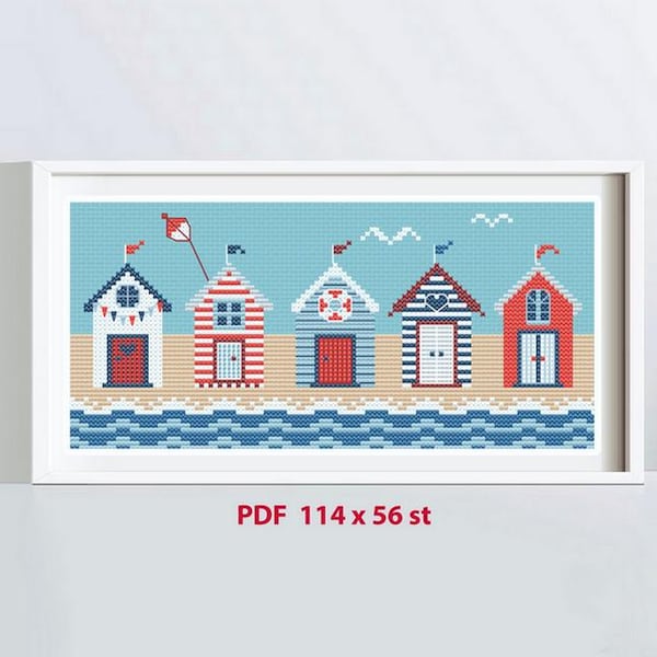 Beach huts on the Seaside/Cross-stitch pattern/Summer/PDF/Instant Download