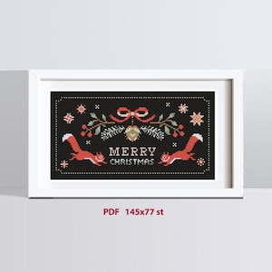 May include: A framed cross-stitch pattern on a black background featuring two red squirrels, a central pinecone, green pine branches, and a red bow. The text reads MERRY CHRISTMAS in white. The pattern dimensions are listed as 145x77 stitches.