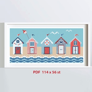 Beach huts on the Seaside/Cross-stitch pattern/Summer/PDF/Instant Download