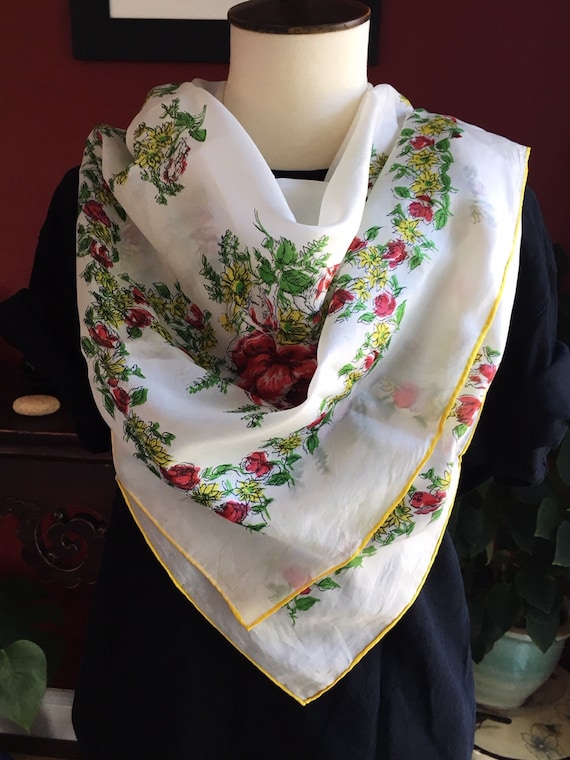 Vintage HADSON floral silk scarf, Romantic rose fl
