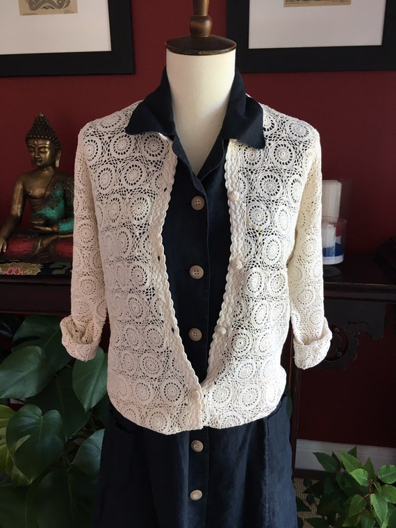 Vintage Off White Cotton Crochet Cardigan / Cream