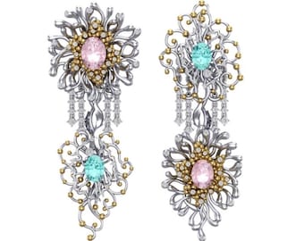 18k Gold Anemone diamond earings with Spinel and Paraiba Tourmaline