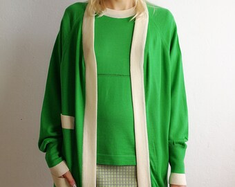 Top Quality green and ivory fine wool twin set cardigan and top, NEW with tags from vintage deadstock, Made in Italy