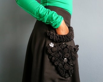 Black cady full skirt with embroidered pockets
